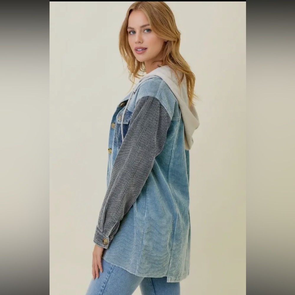 360. Hoodie Jacket Corduroy Washed Color block Blue Mix S, M & L NEW Item NWT - Picture 4 of 8